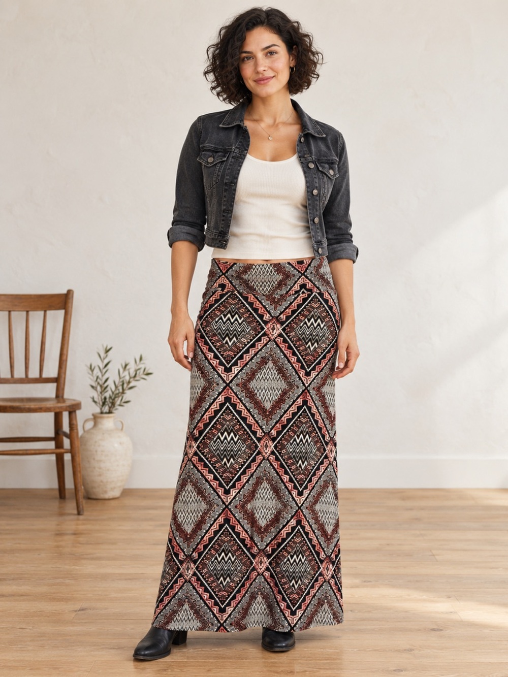 Y2K Southwestern Geometric Foldover Waist Column Maxi Skirt M